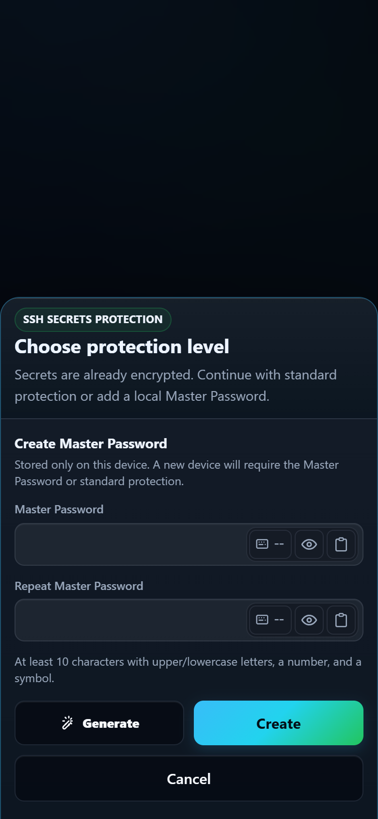 Create Master Password form with password and confirmation fields