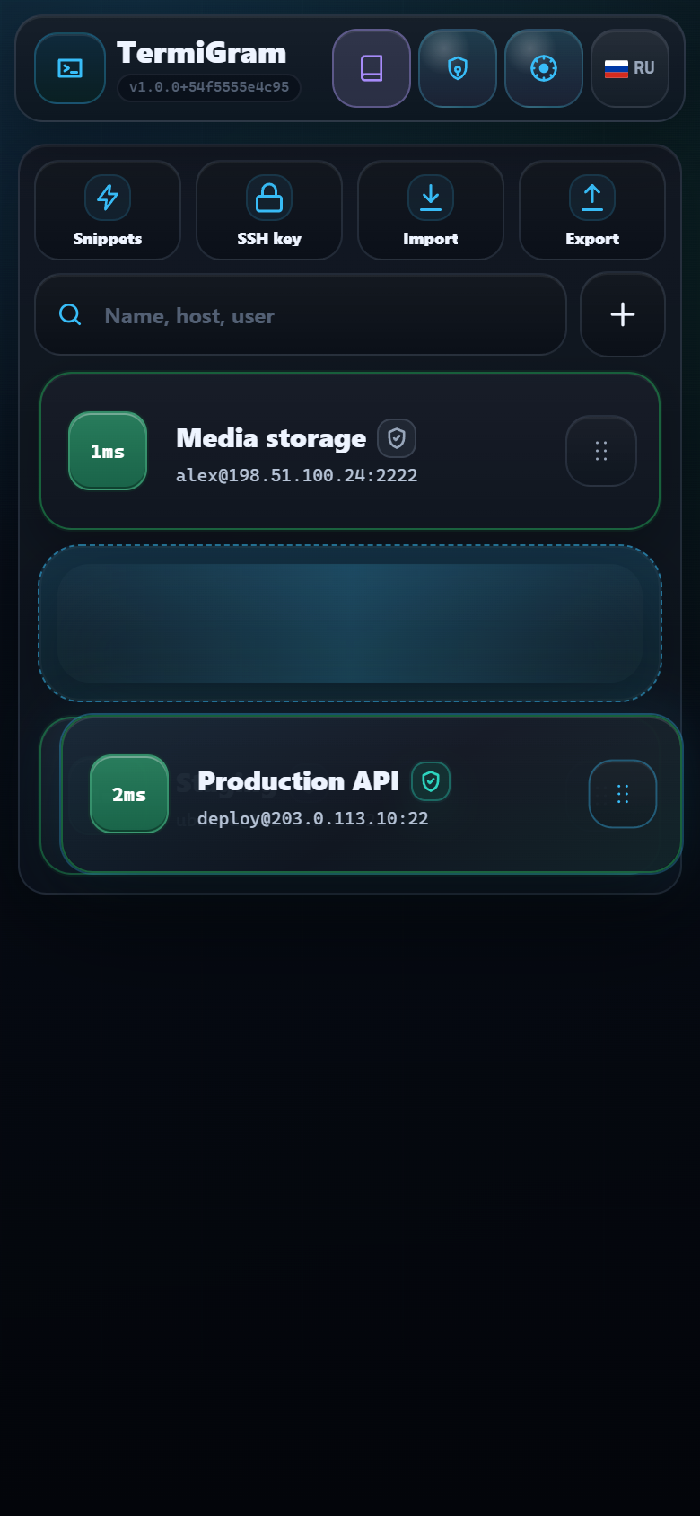 A TermiGram server card being dragged to a new position