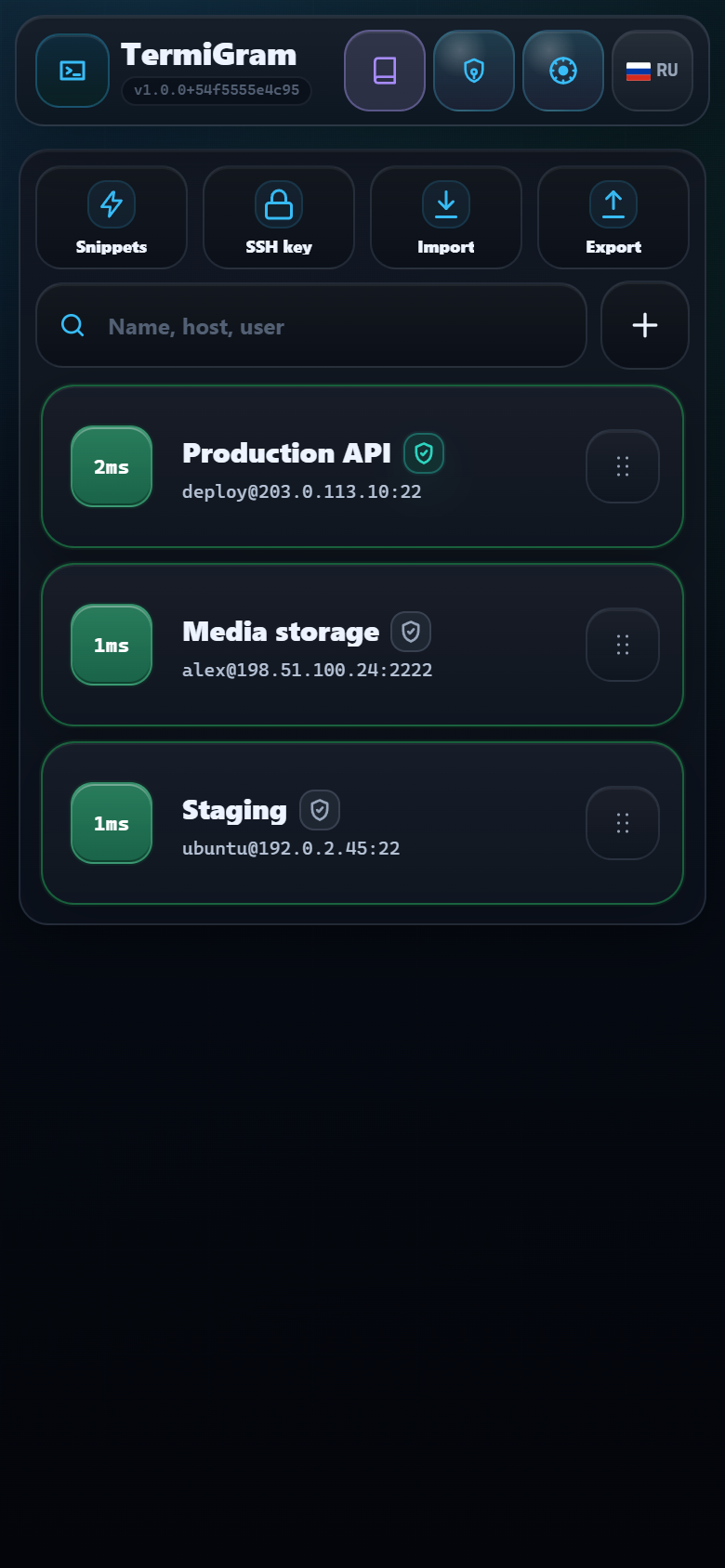 TermiGram Web App showing saved server profile cards