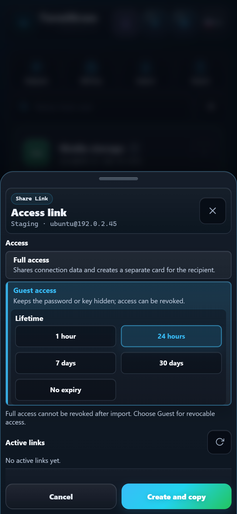 TermiGram Share Link settings showing Full access, Guest access, expiry, and active links