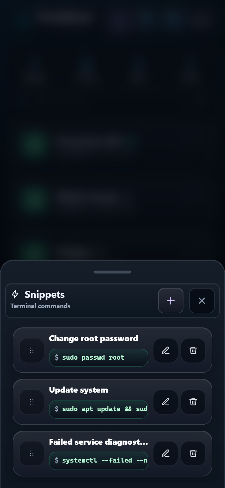TermiGram command snippets panel with run, add, edit, delete, and reorder controls