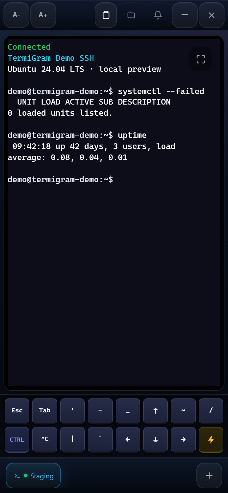 Active SSH terminal session in the TermiGram Web App