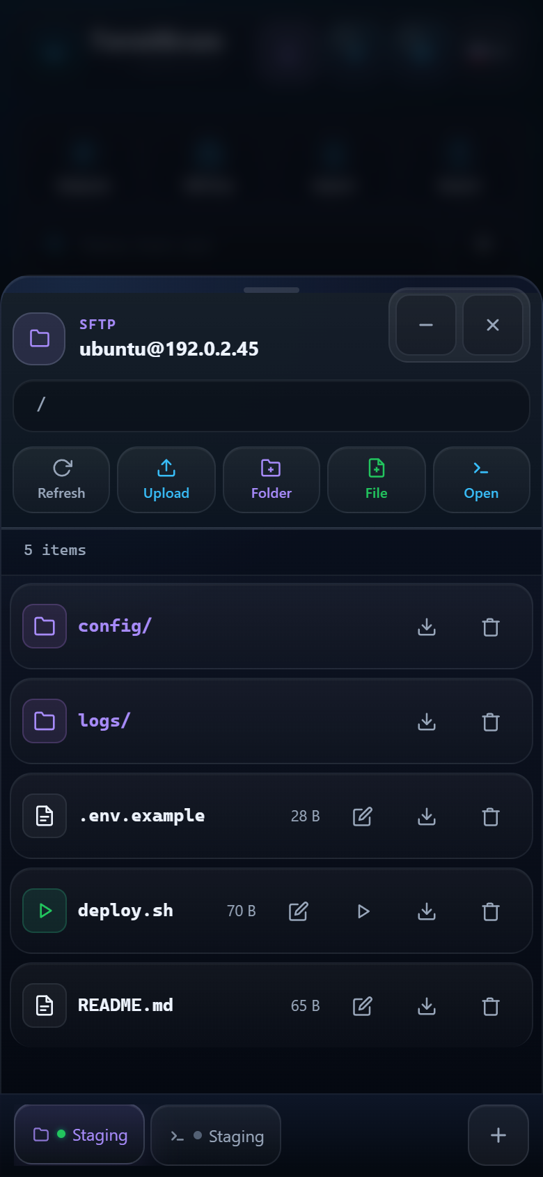 The TermiGram bottom bar after an SFTP window was moved before a Terminal window
