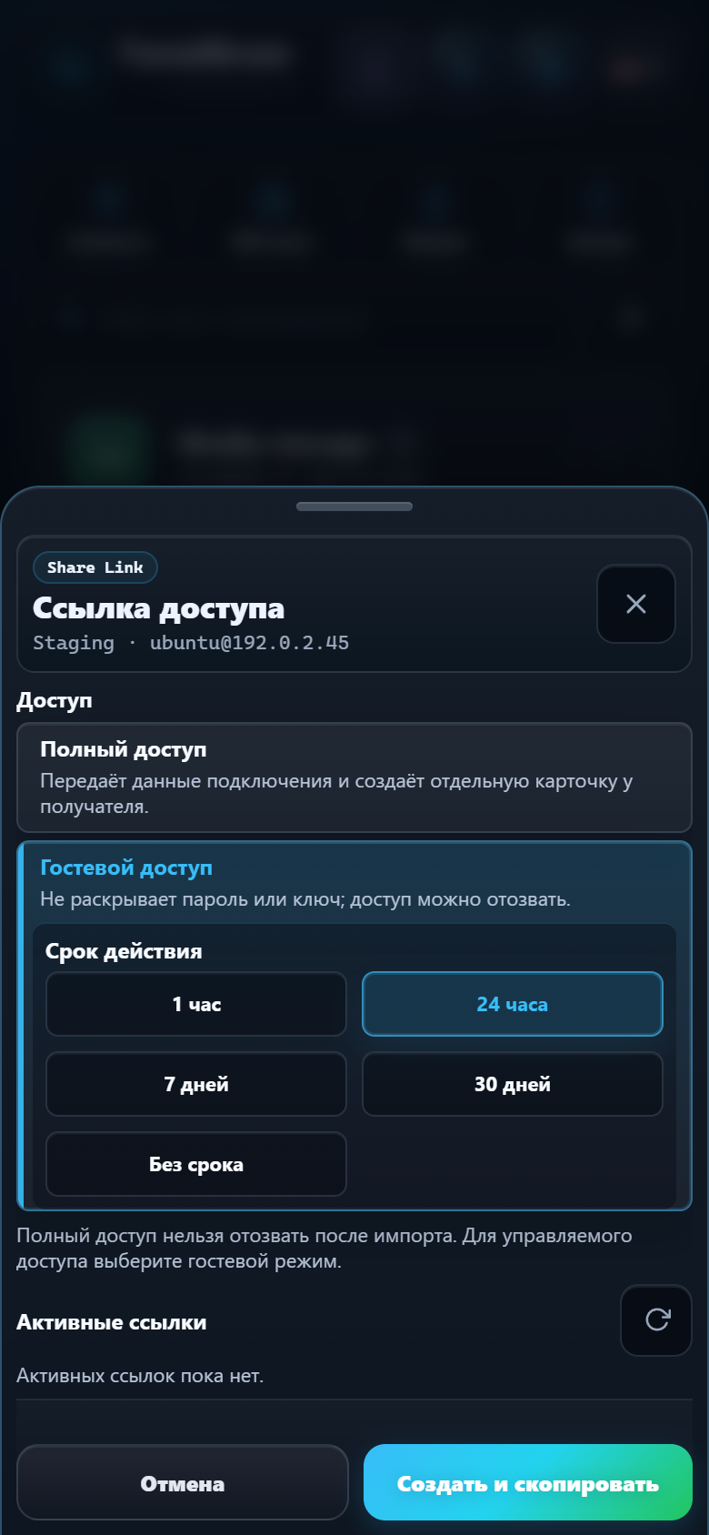 Настройки Share Link с режимами Full access и Guest access, сроком действия и активными ссылками