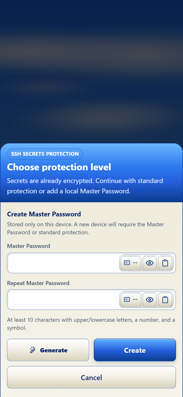Create Master Password form with password and confirmation fields