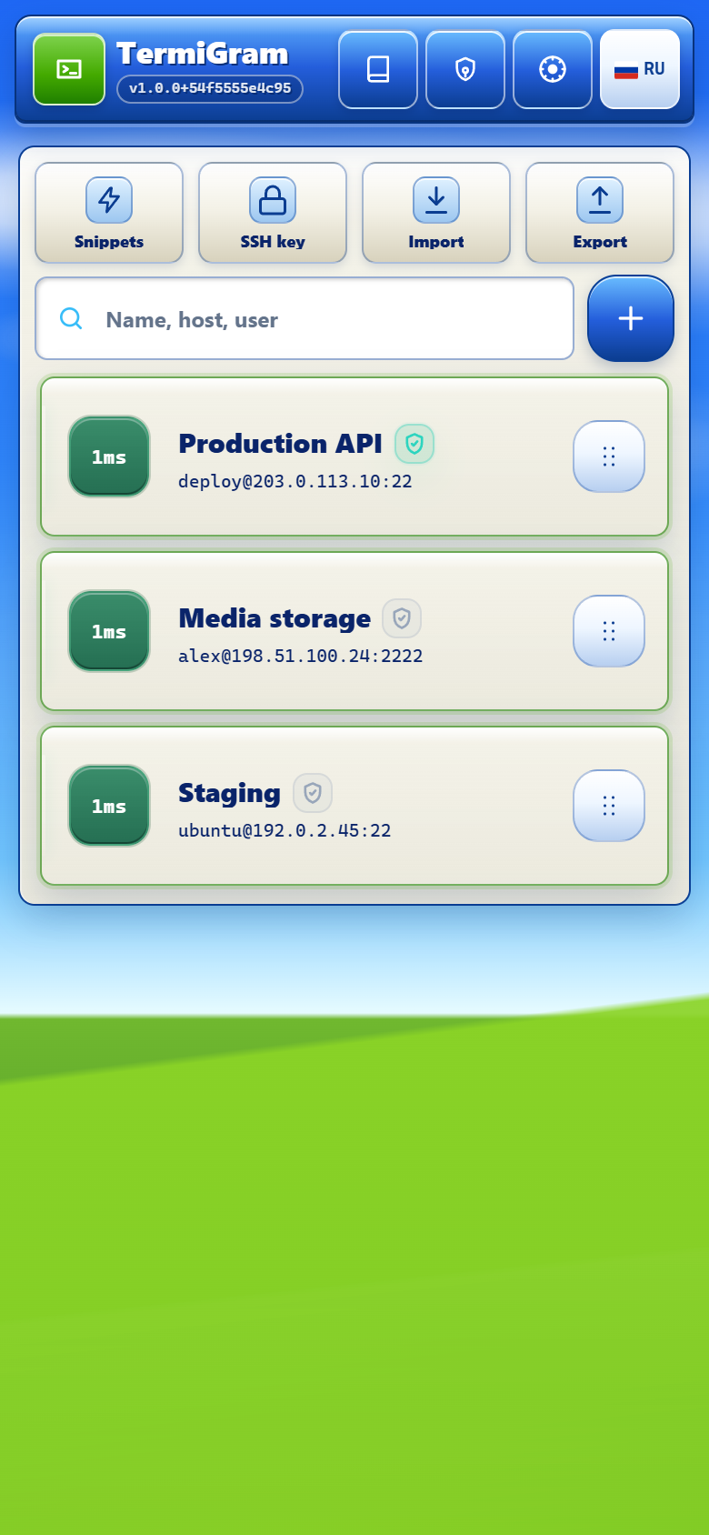 TermiGram Web App showing saved server profile cards