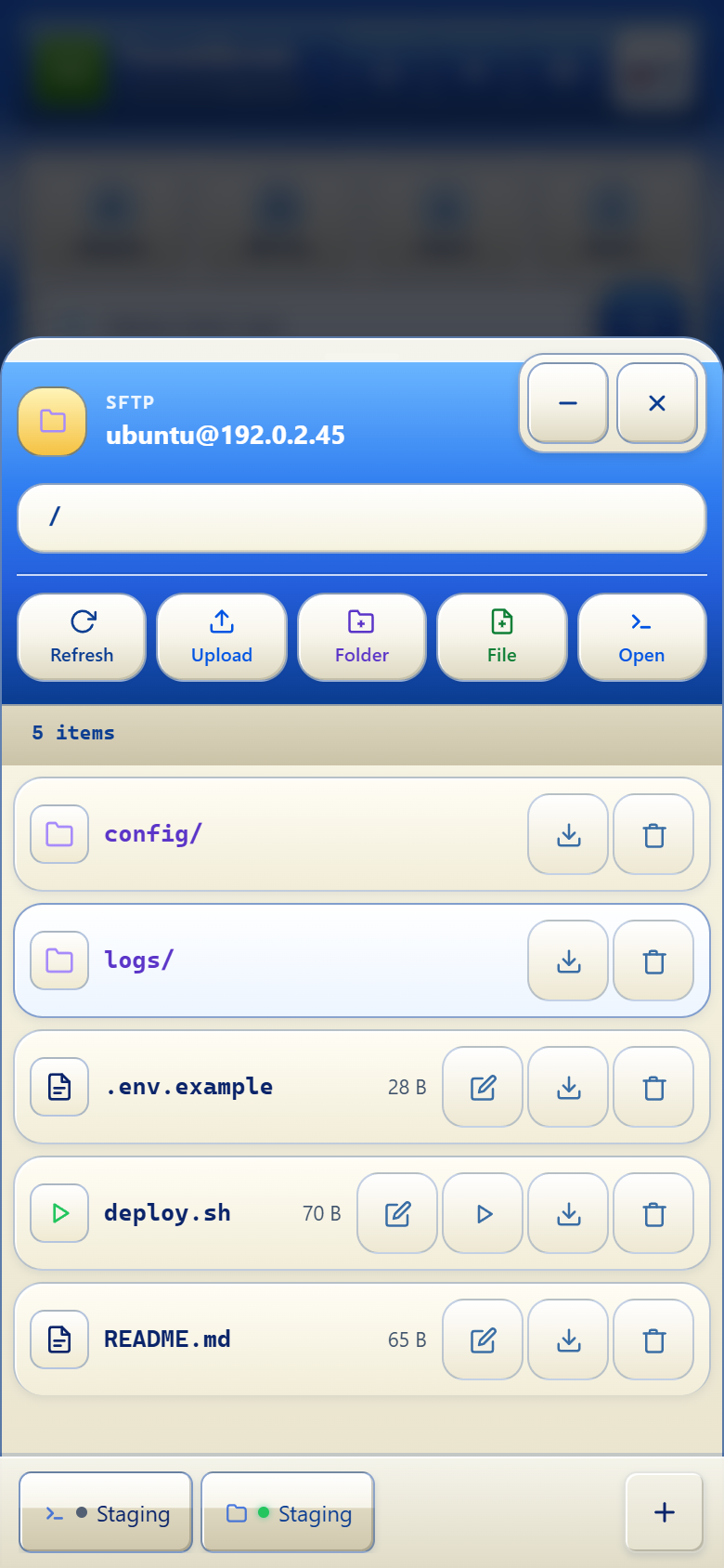 SFTP file manager showing folders and files