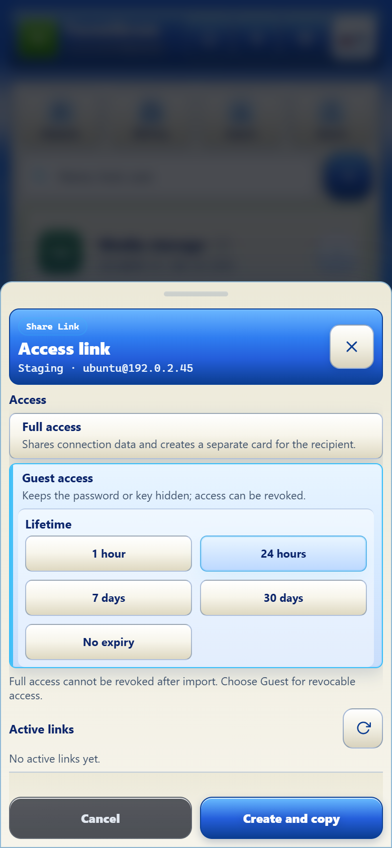 TermiGram Share Link settings showing Full access, Guest access, expiry, and active links