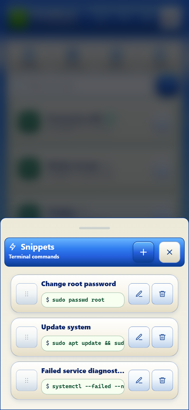 TermiGram command snippets panel with run, add, edit, delete, and reorder controls