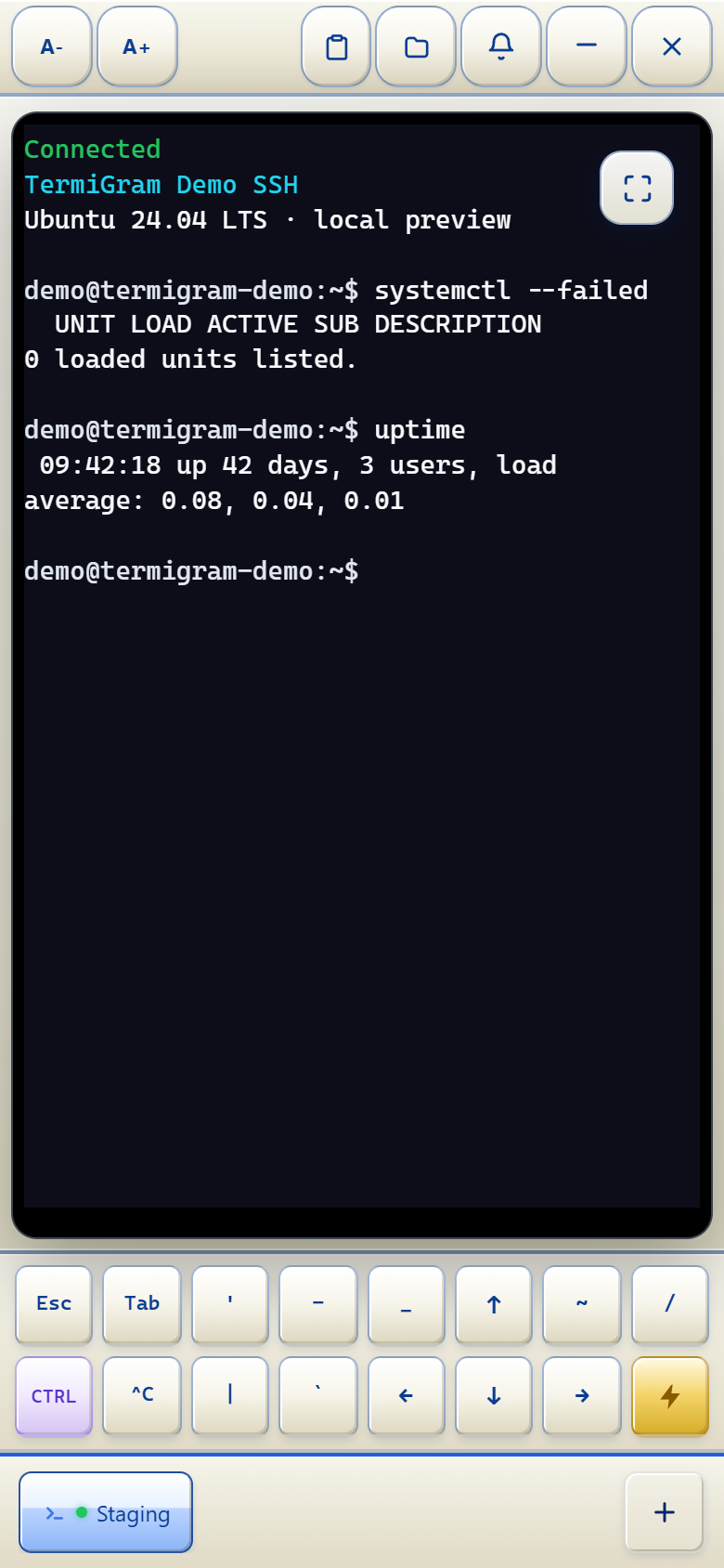 Active SSH terminal session in the TermiGram Web App