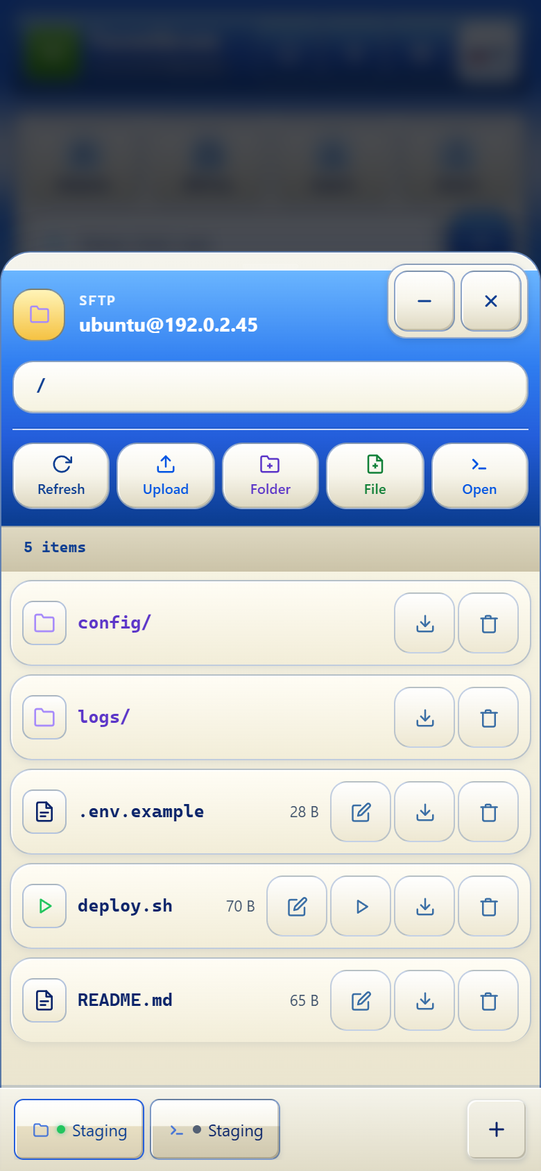 The TermiGram bottom bar after an SFTP window was moved before a Terminal window