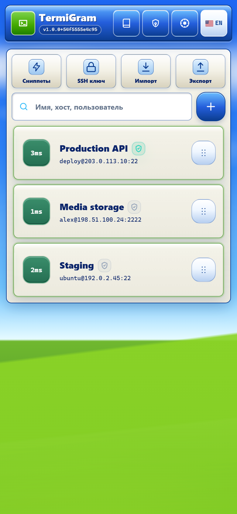 Web App TermiGram со списком сохранённых профилей серверов