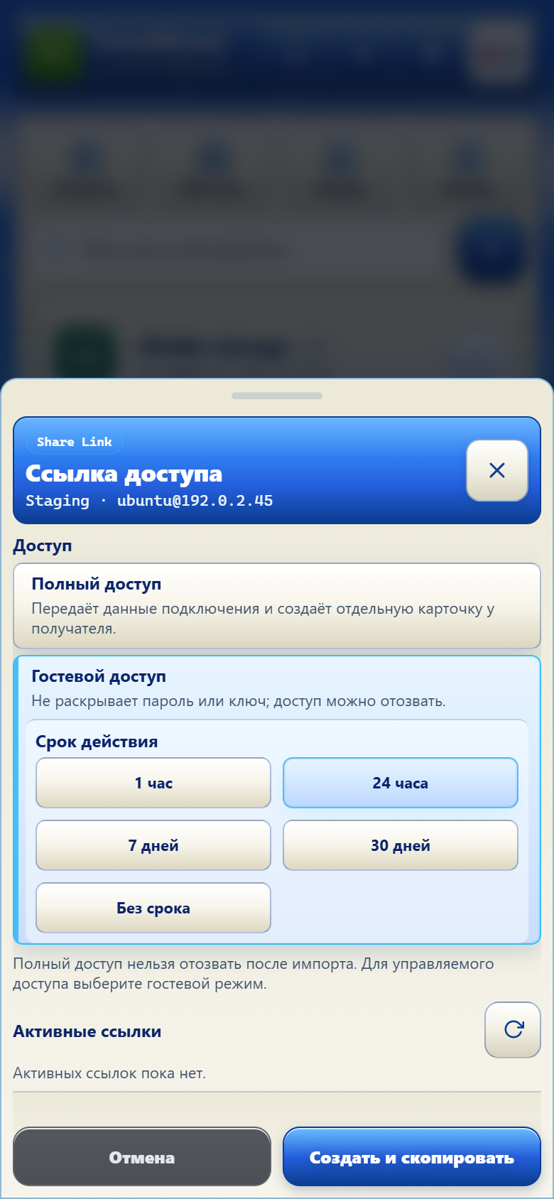 Настройки Share Link с режимами Full access и Guest access, сроком действия и активными ссылками