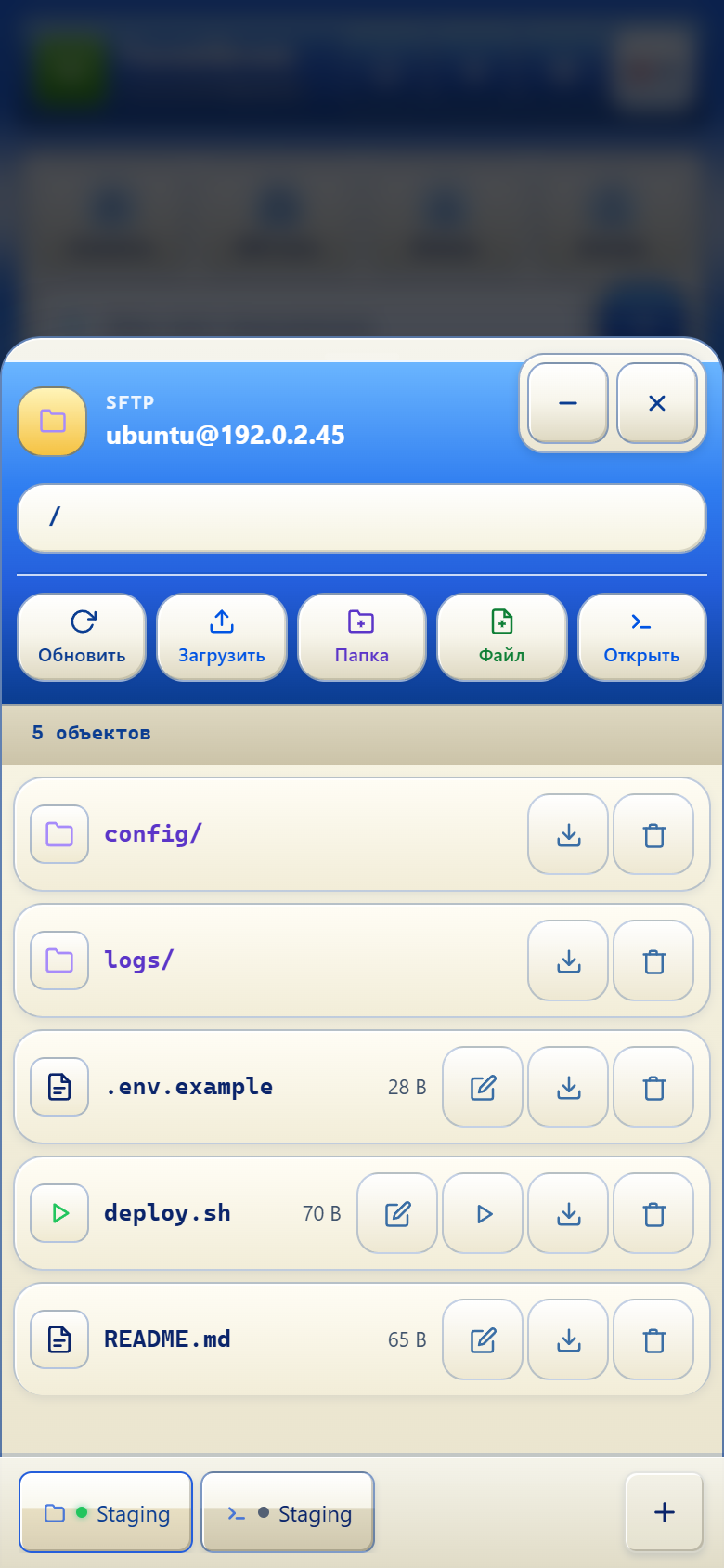 Нижняя панель TermiGram после перемещения окна SFTP перед окном Terminal